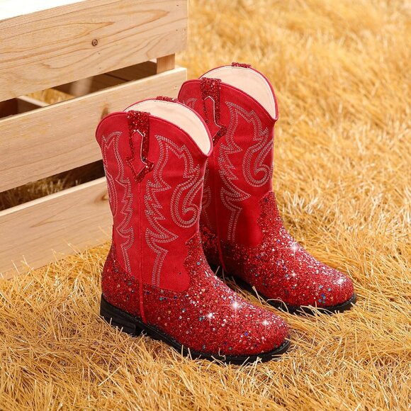 Unisex Child Red Mid Calf Glitter Toddler Cowboy Boot Little Big Kids Western - Picture 6 of 8